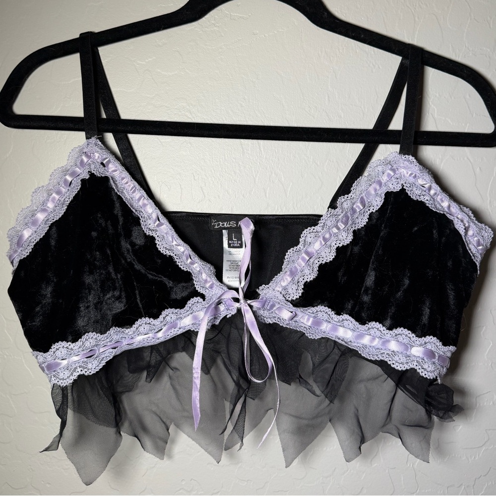 Dolls Kill Black Velvet Bra with Lavender Lace
